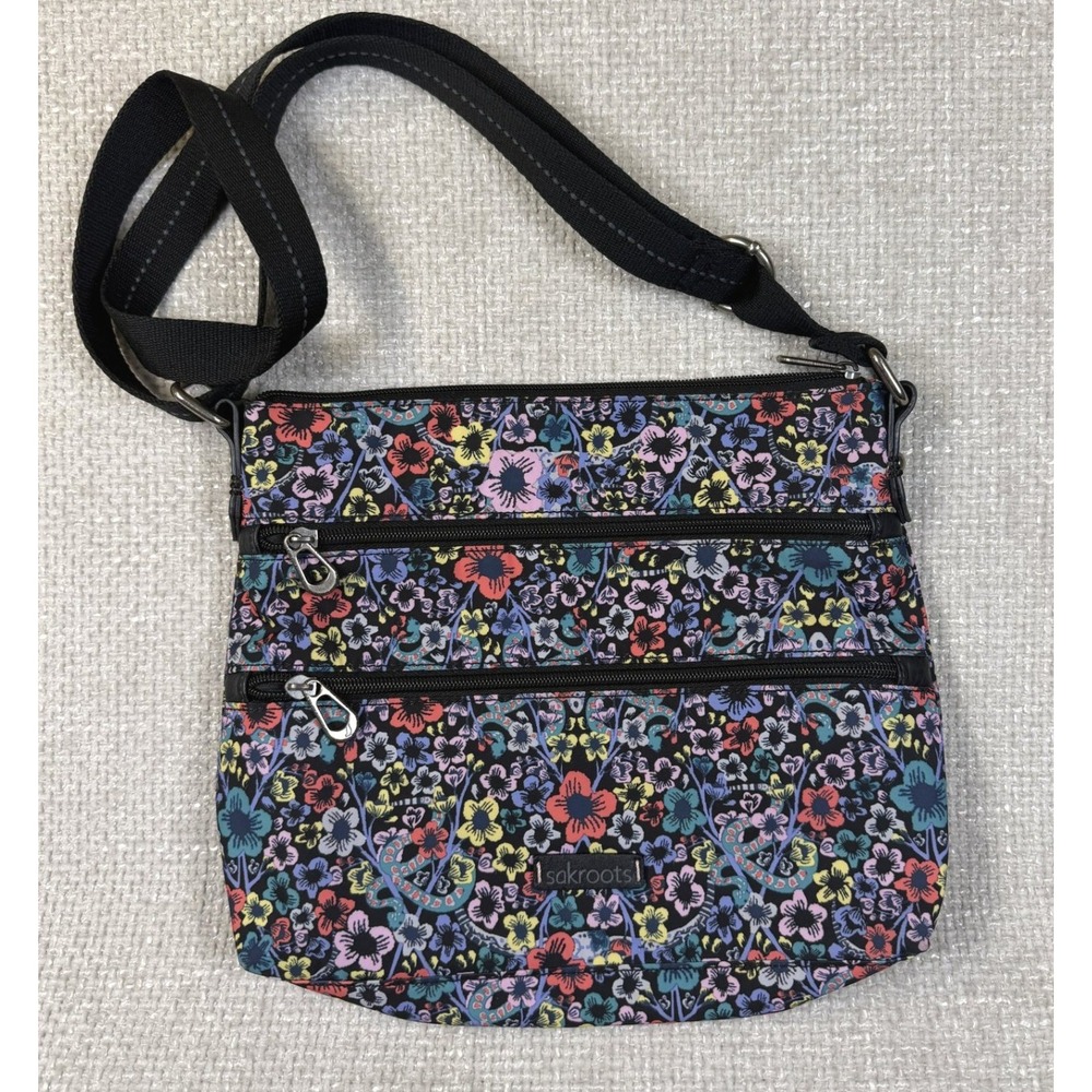 Sakroots Artist Circle Crossbody Bag Black Multicolor Floral Triple Zip Canvas